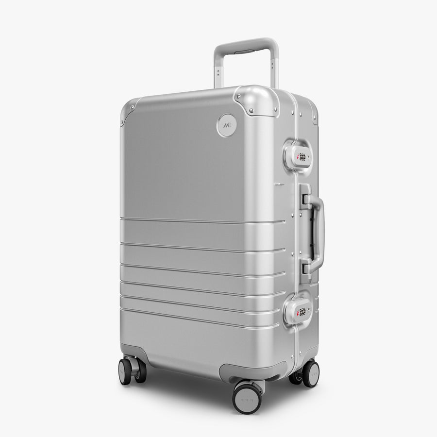 Aspen Silver | Angled view of Aluminum Carry-On Plus in Aspen Silver