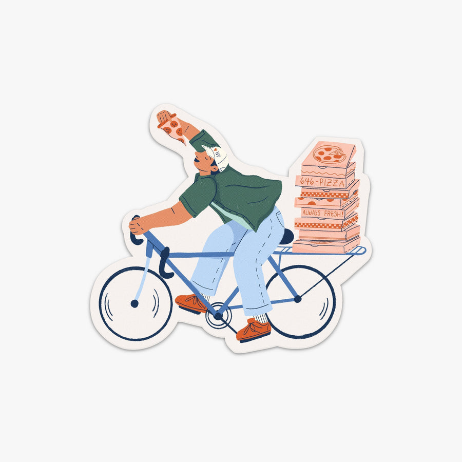 New York | New York Destination Stickers pizza delivery guy in bicycle eating pizza
