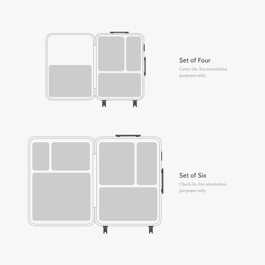 Set of Four / Poplin Stripe Black | Diagram showing the layout and capacity of the Set of Four and Set of Six compressible packing cube collections