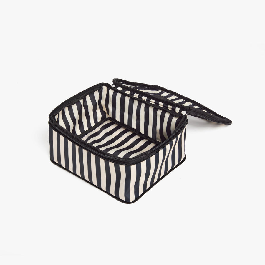 Set of Six / Poplin Stripe Black | Open Poplin Stripe Black compressible packing cube showing its spacious interior and structured shape