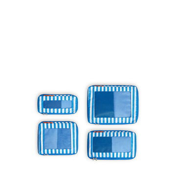 Set of four Poplin Stripe Coastal Blue compressible packing cubes arranged flat to show all sizes