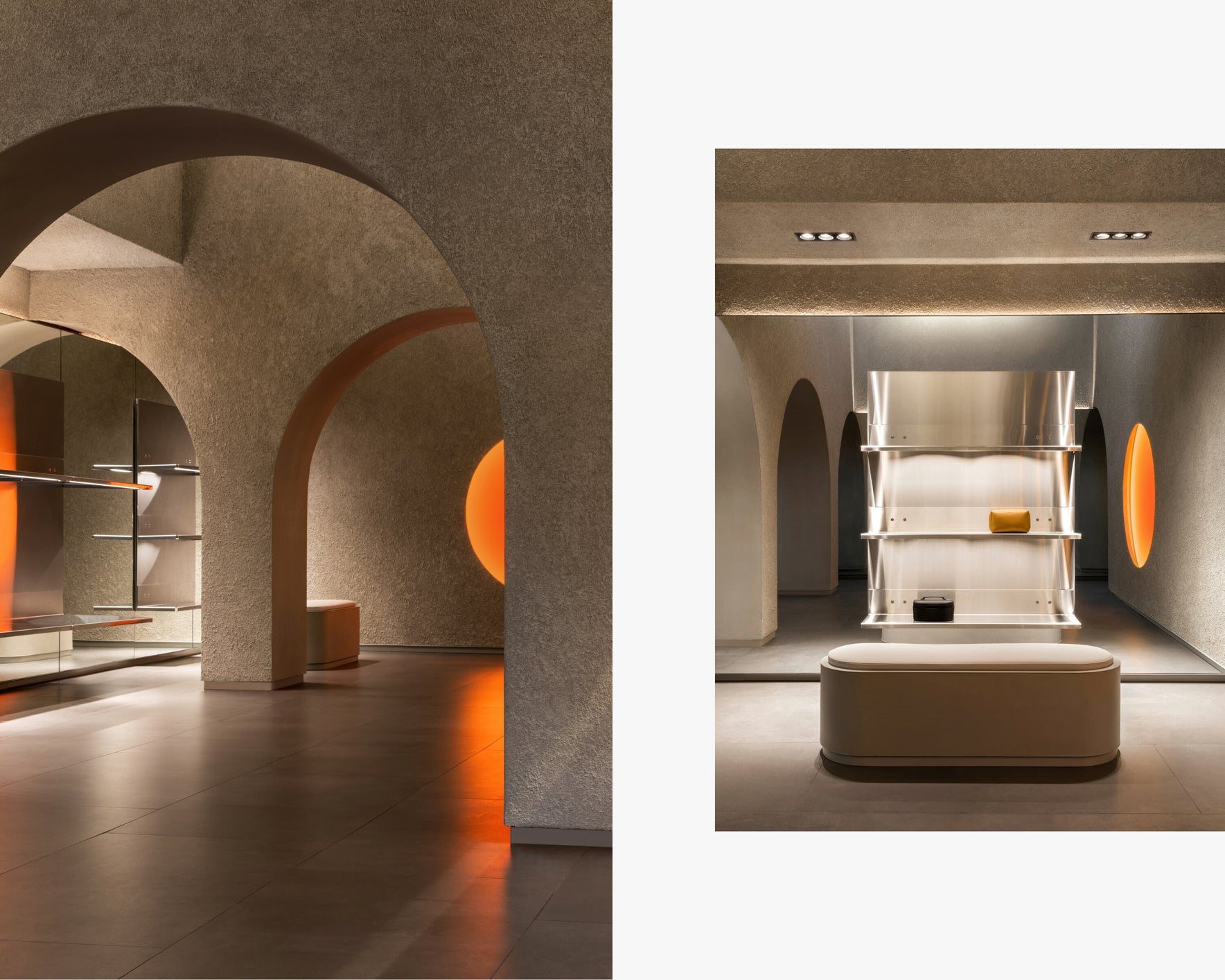 Monos Georgetown store interior in Washington, D.C., showcasing minimalist arches, stainless steel shelving, and a warm circular light feature.