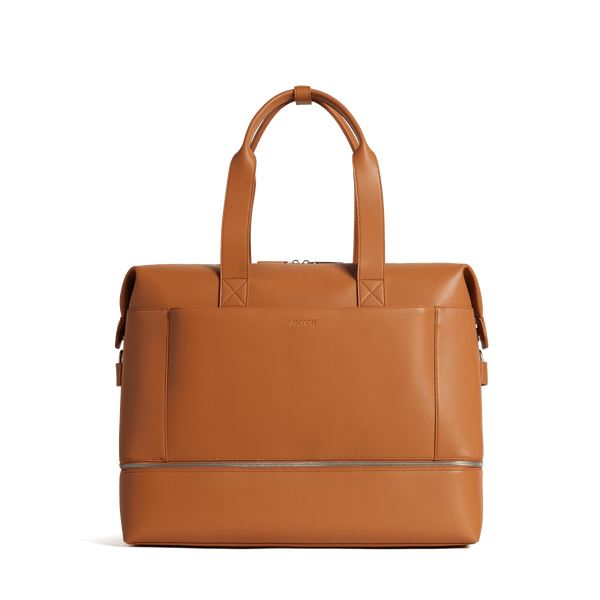 Saddle Tan (Vegan Leather) Scaled | Front view of Metro Weekender in Saddle Tan