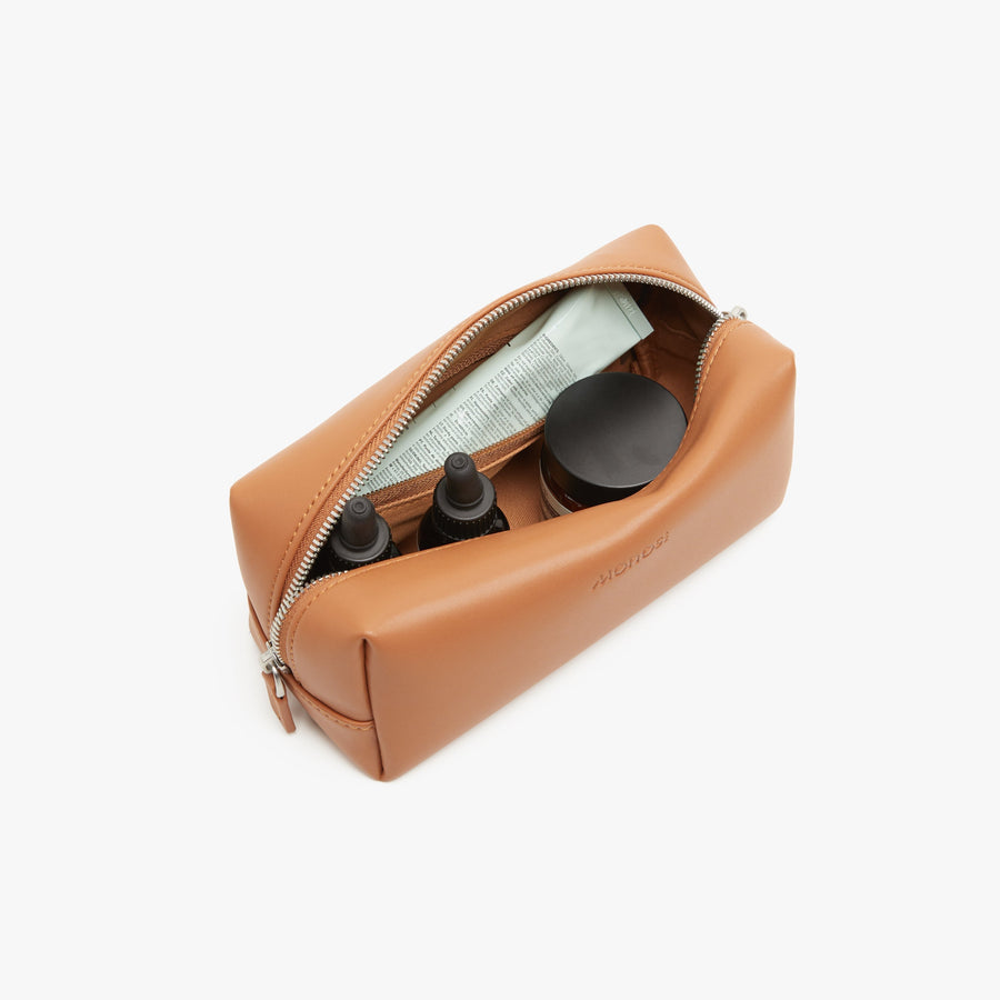 Small / Saddle Tan (Vegan Leather) | Interior front view of Metro Toiletry Case Small in Saddle Tan